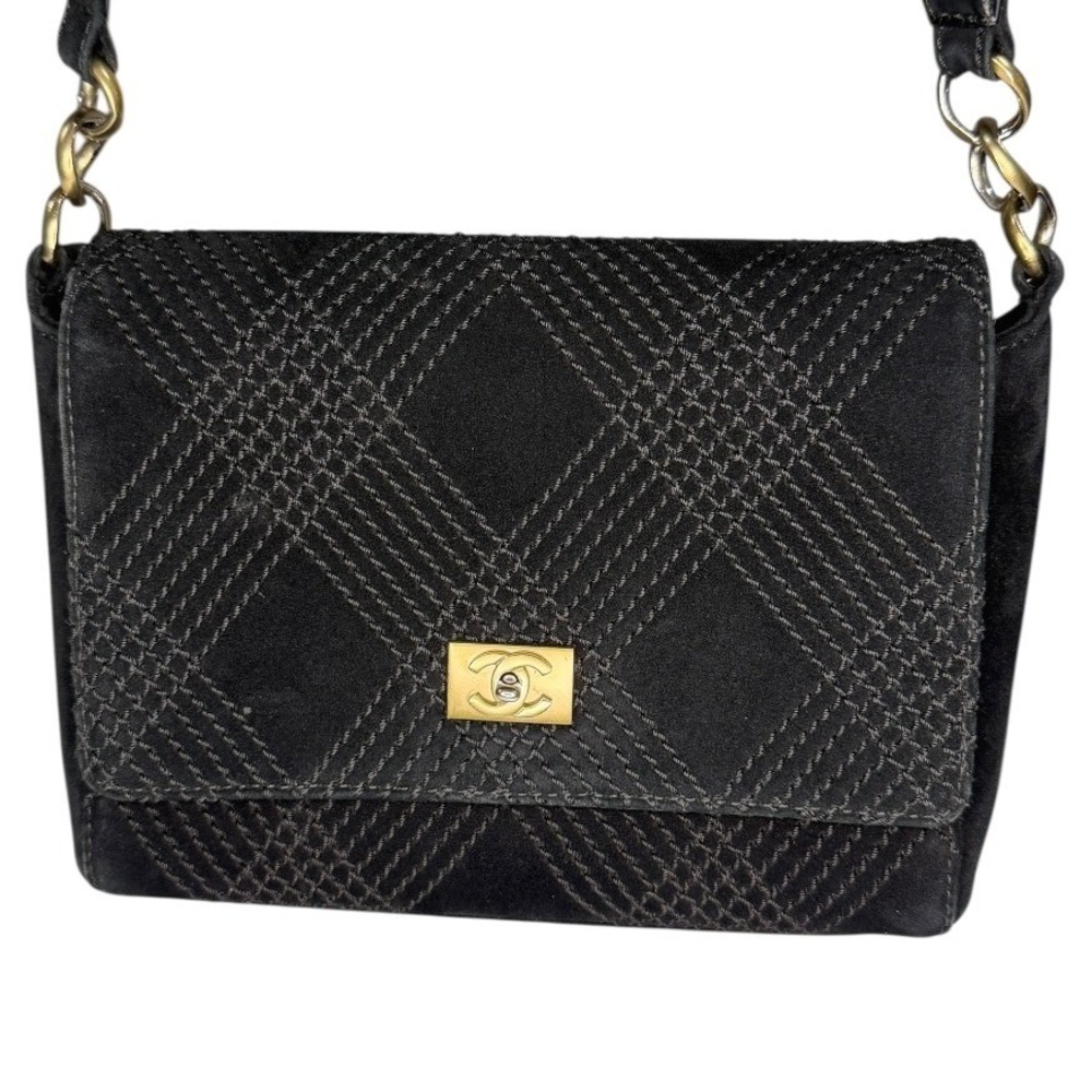 Vintage Chanel Black Suede Quilted Crossbody Bag CC Turnlock Wide Strap